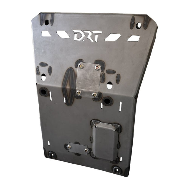 DRT OEM engine skid plate for 2005-2023 Toyota Tacoma, raw steel with DRT logo cutouts