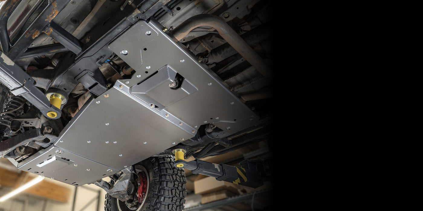 DRT Flat Belly Skid Plate Kit installed under a Toyota Tacoma