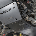 Close-up of the DRT high-clearance engine skid plate with flush-mounted access panels